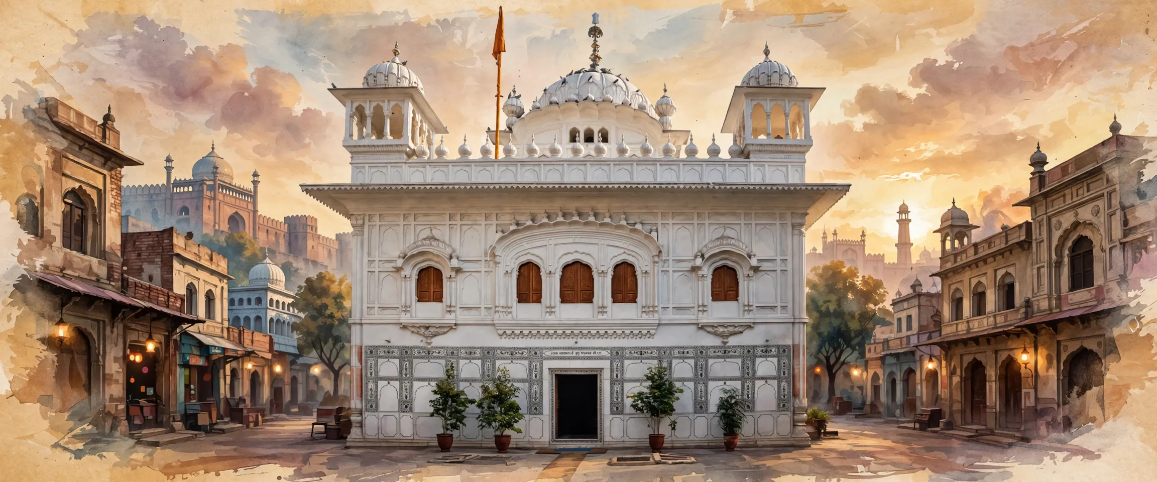 AI-generated editorial design for Jugti, incorporating original photograph of Gurdwara Janam Asthan Guru Ram Das, Lahore by The Walled City of Lahore Authority (CC BY-SA 4.0)