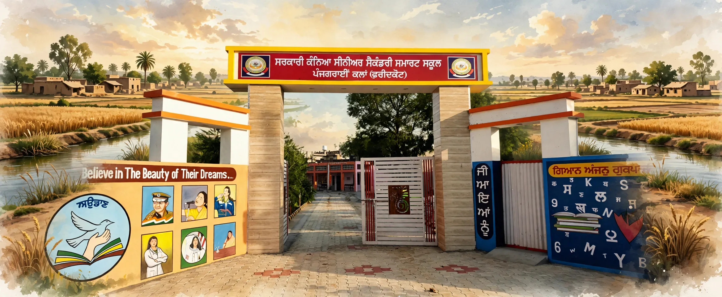 AI-generated editorial design for Jugti, incorporating original photograph of the entrance of Government Girls Senior Secondary School Panjgrain Kalan, Faridkot, by Stalinjeet Brar (CC BY-SA 4.0)