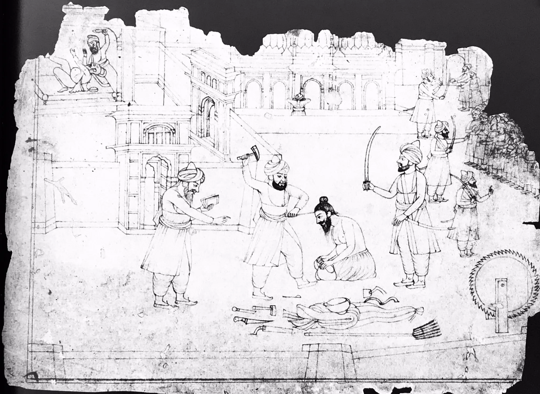 Traditional artwork of the martyrdom of Bhai Taru Singh (public domain), via Wikimedia Commons