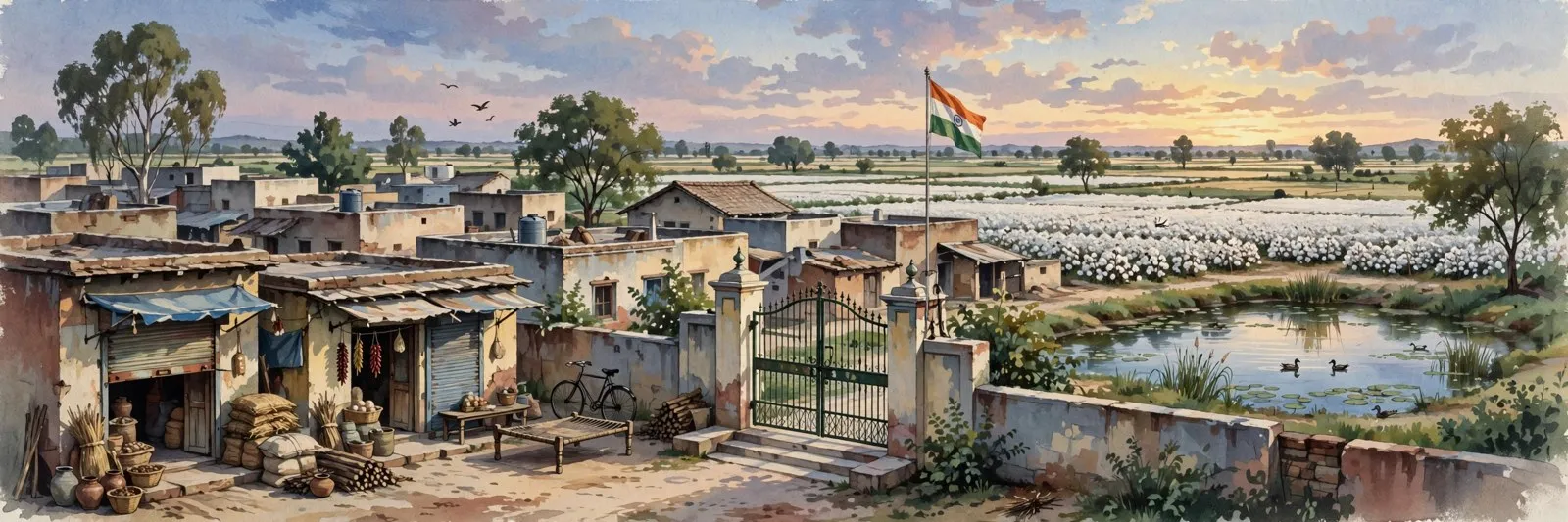 Bariwala school gate and cotton fields, illustration