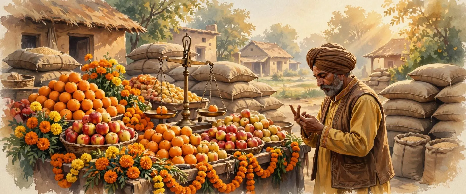 Illustration of a Punjab market vendor counting fruit on a brass balance scale