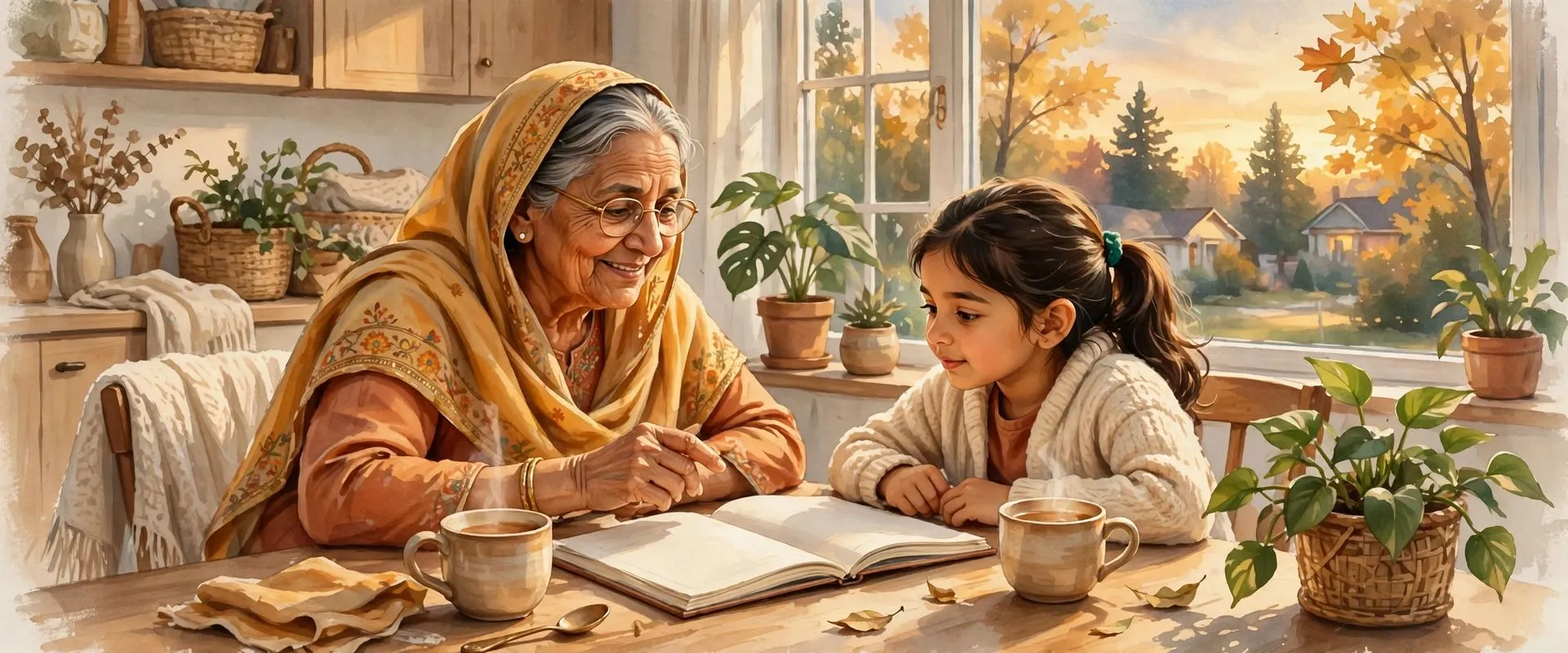 Illustration of a grandmother teaching her granddaughter Punjabi at a kitchen table