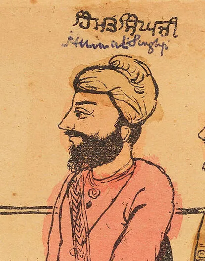 Bhai Himmat Singh Ji, detail from an 1875 hand-coloured woodblock print of the first Khalsa initiation