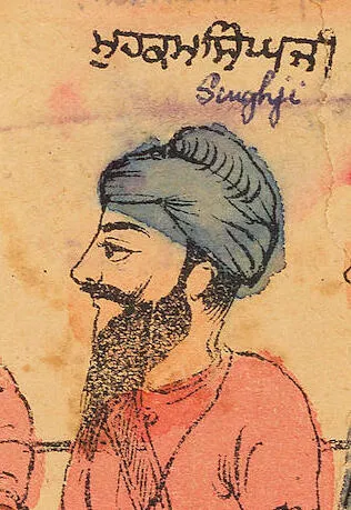 Bhai Mohkam Singh Ji, detail from an 1875 hand-coloured woodblock print of the first Khalsa initiation