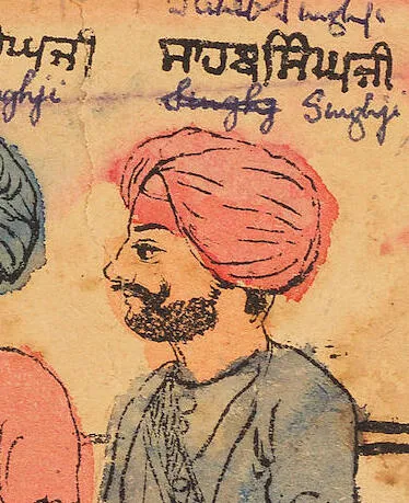 Bhai Sahib Singh Ji, detail from an 1875 hand-coloured woodblock print of the first Khalsa initiation