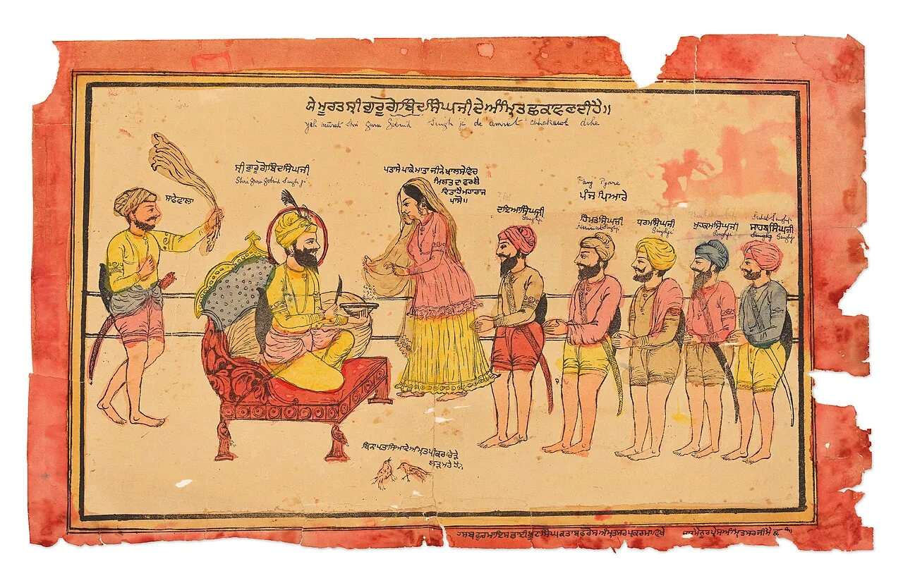 Guru Gobind Singh initiating the first Panj Pyare in 1699, from an 1875 hand-coloured woodblock print