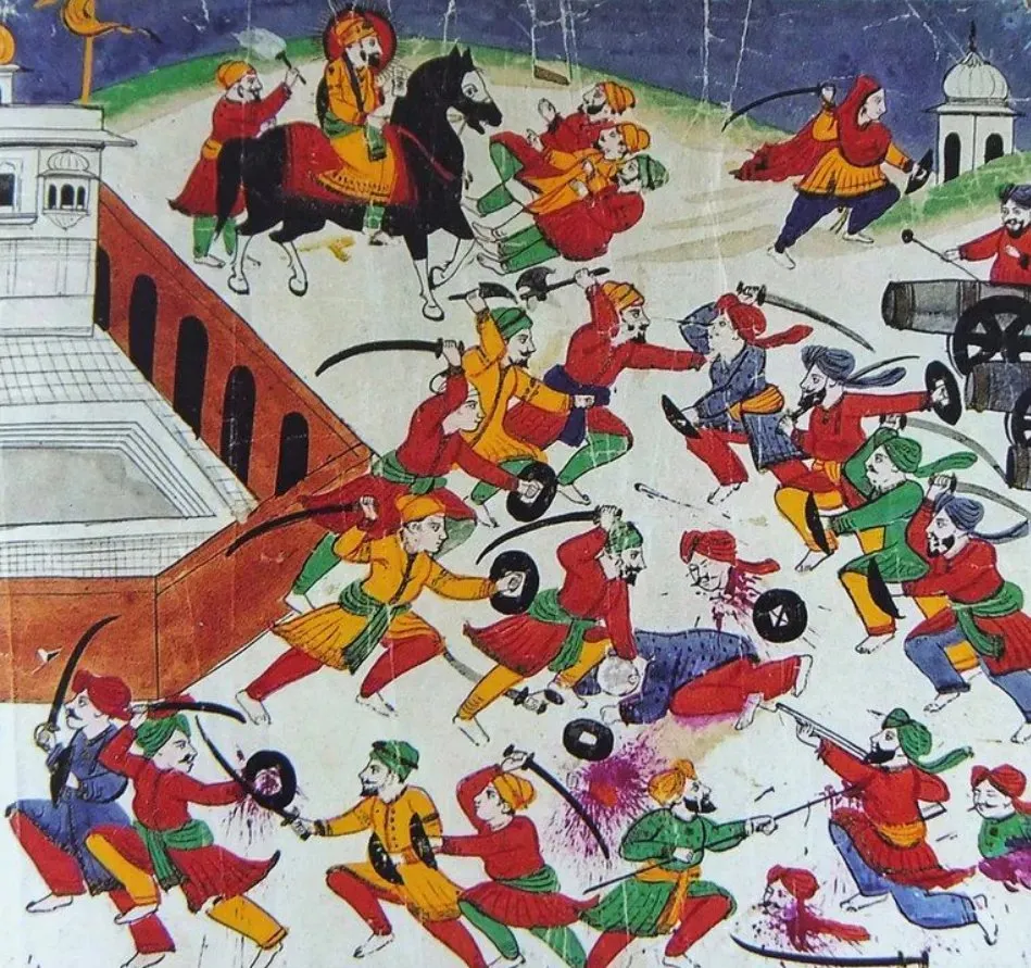 Late 19th century Sikh painting of the Battle of Khidrana, Guru Gobind Singh Ji on horseback above the fighting forty