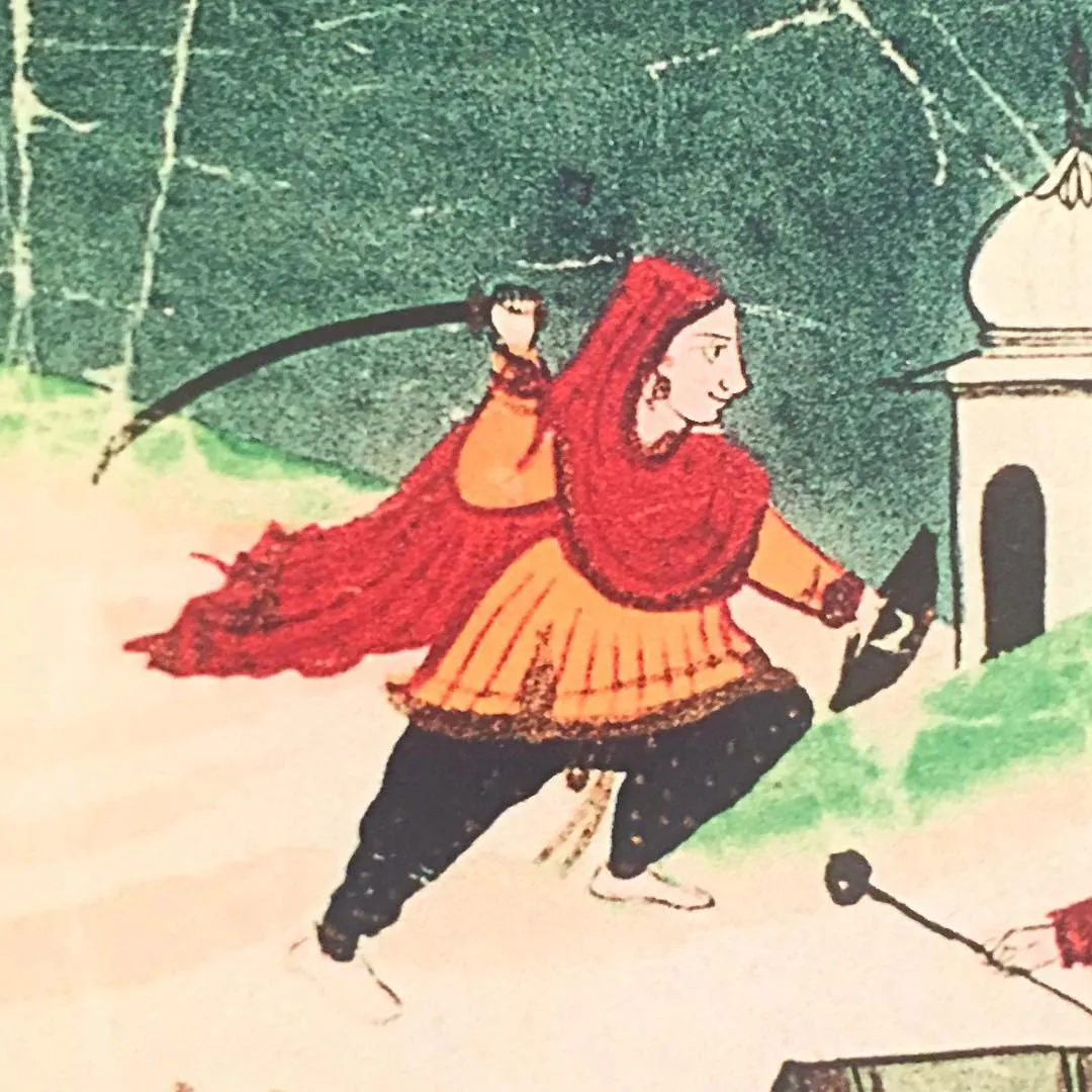 Mai Bhago Ji with sword raised, detail of a late 19th century painting of the Battle of Muktsar