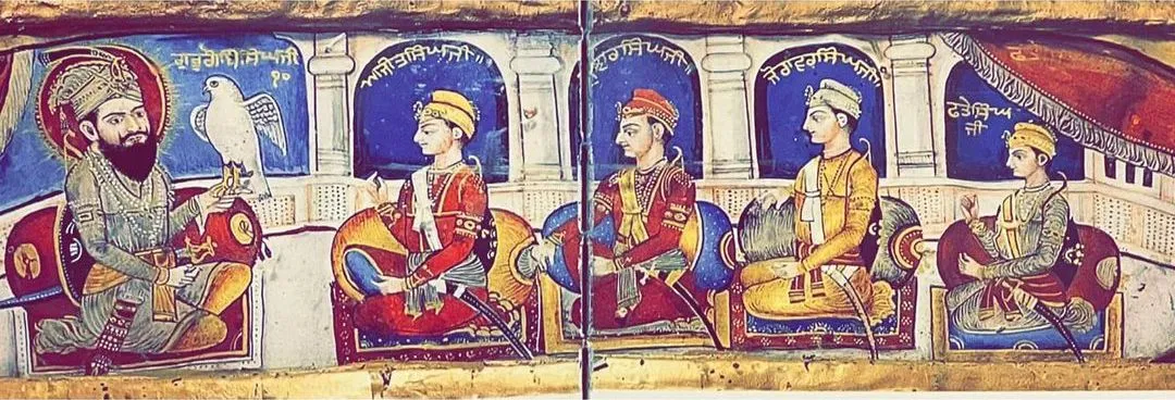 Mural of Guru Gobind Singh Ji seated with his four sons, the Char Sahibzade
