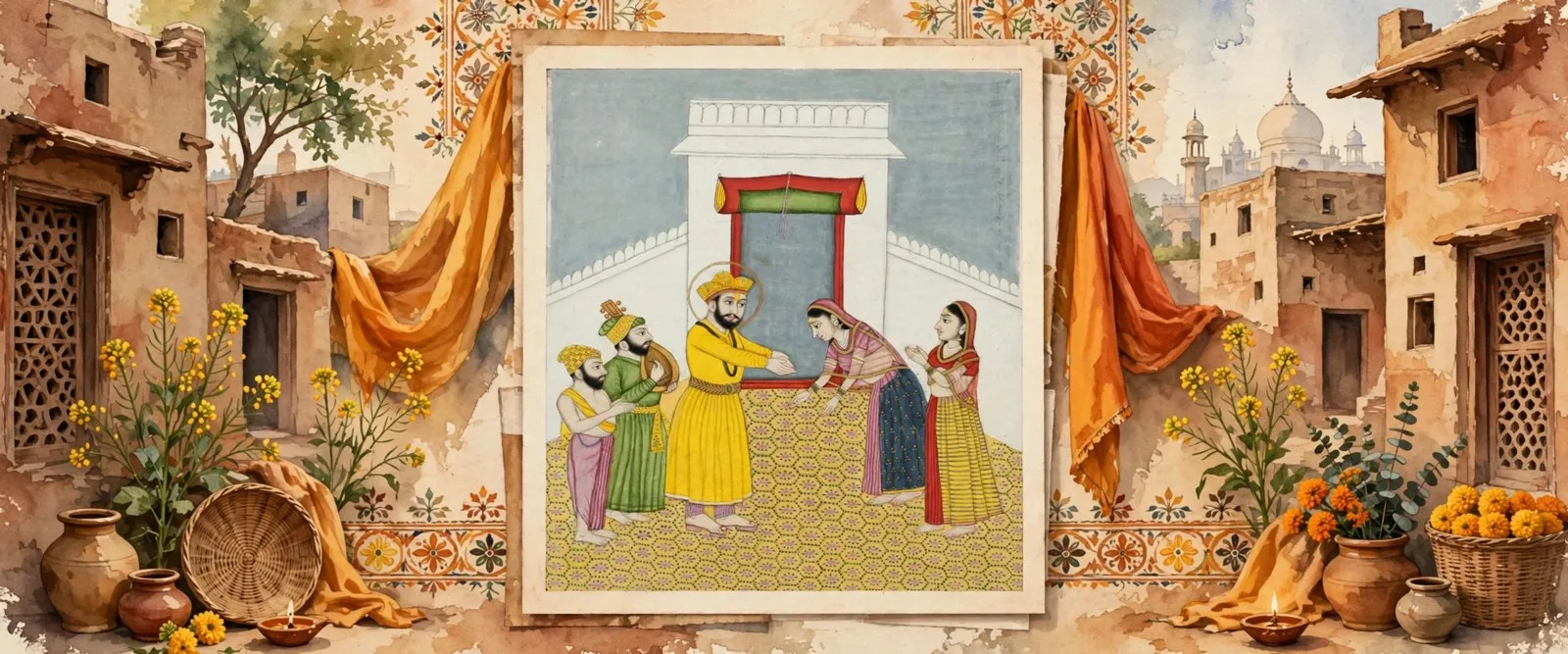 AI-generated editorial design for Jugti, incorporating a traditional painting of Guru Nanak Dev Ji visiting Bebe Nanaki Ji (public domain), via Wikimedia Commons