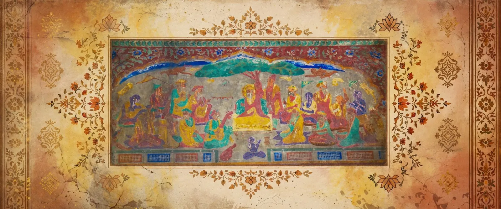 AI-generated editorial design for Jugti, incorporating an original photograph of a fresco of Guru Nanak Dev Ji inside Gurdwara Patshahi Chhevin, Hadiara, by Muhammad Shoaib (public domain), via Wikimedia Commons