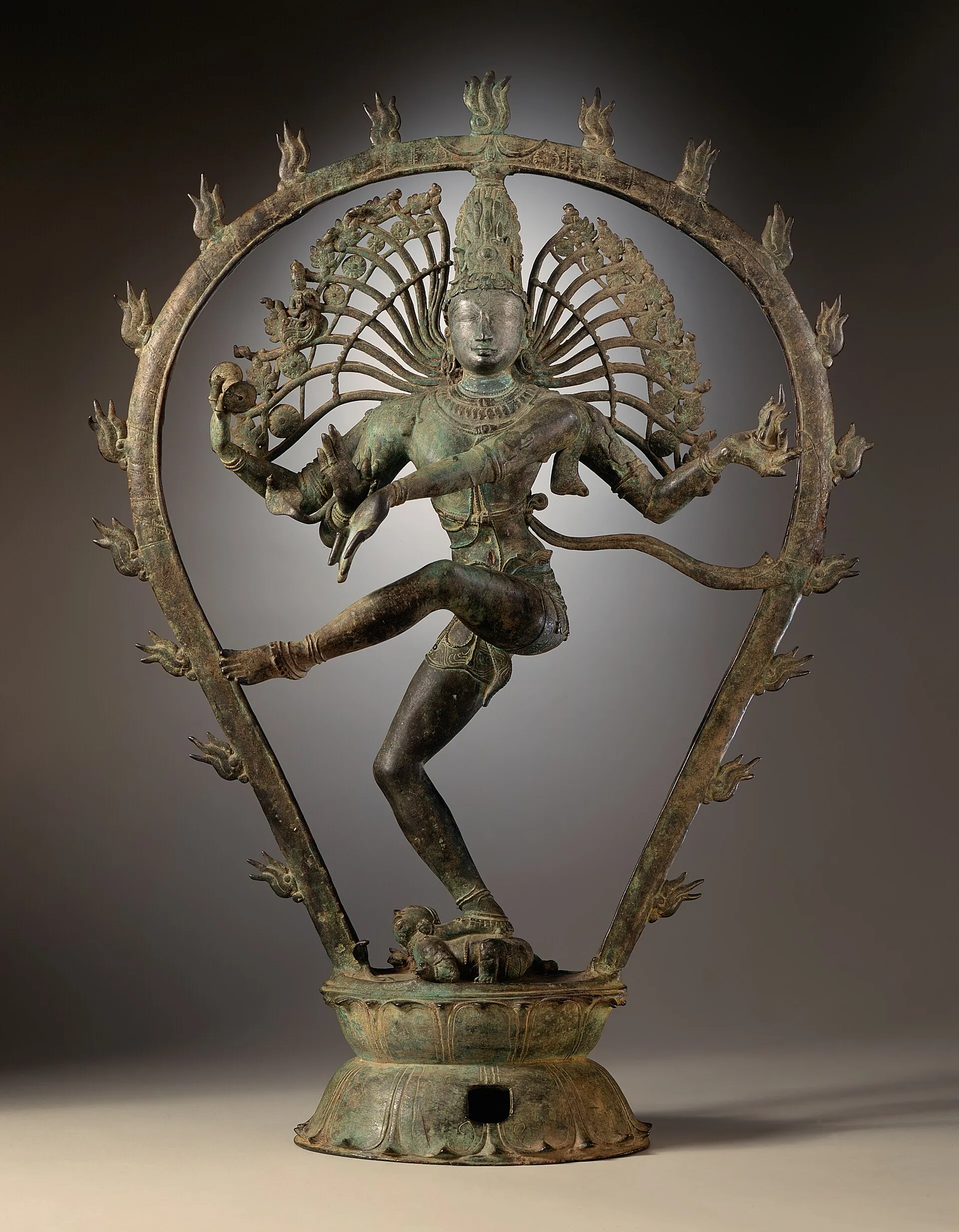Bronze statue of Shiva dancing as Nataraja inside a ring of flames