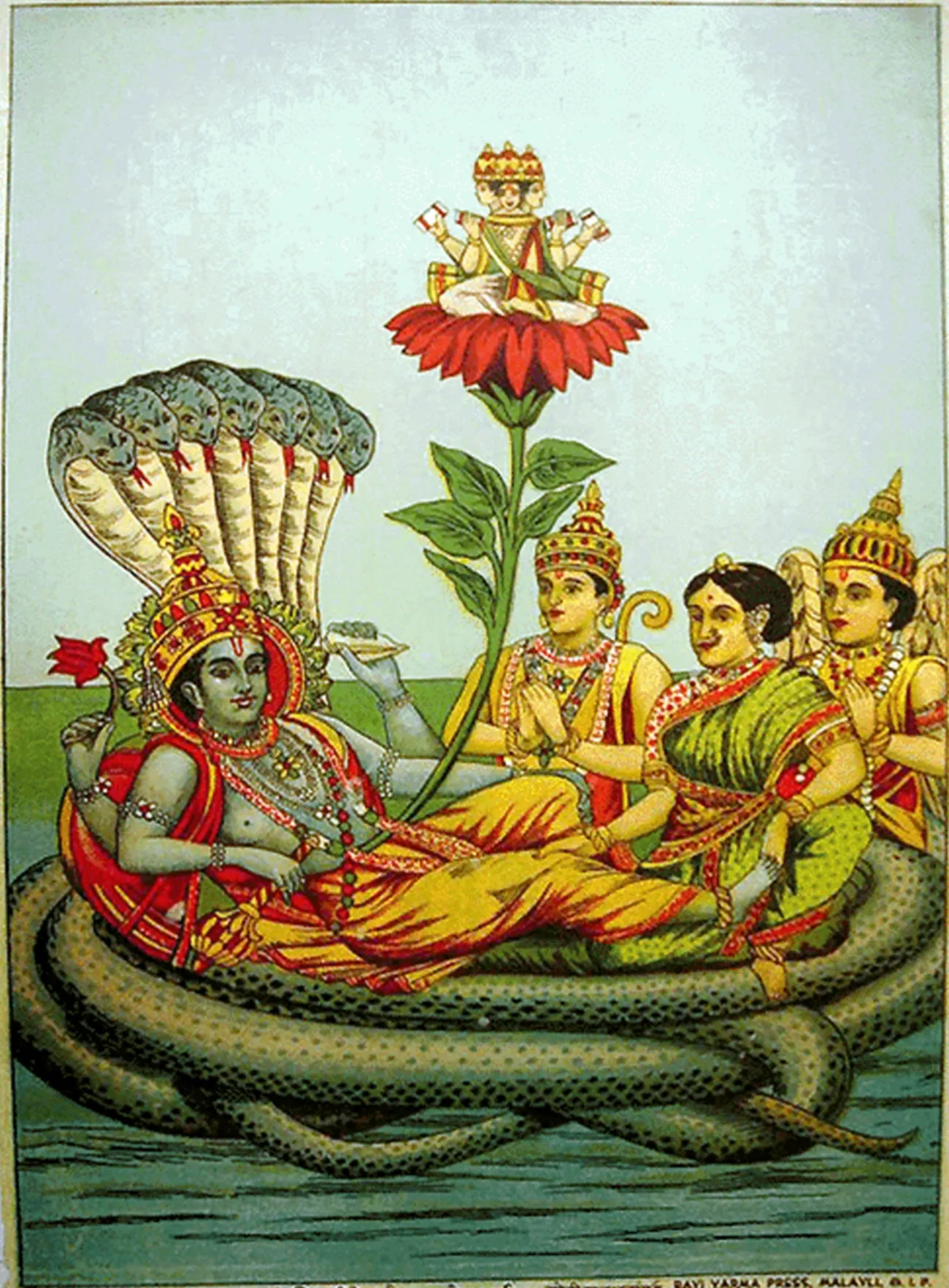 Traditional print of Vishnu resting on the great serpent on the cosmic ocean, Lakshmi beside him