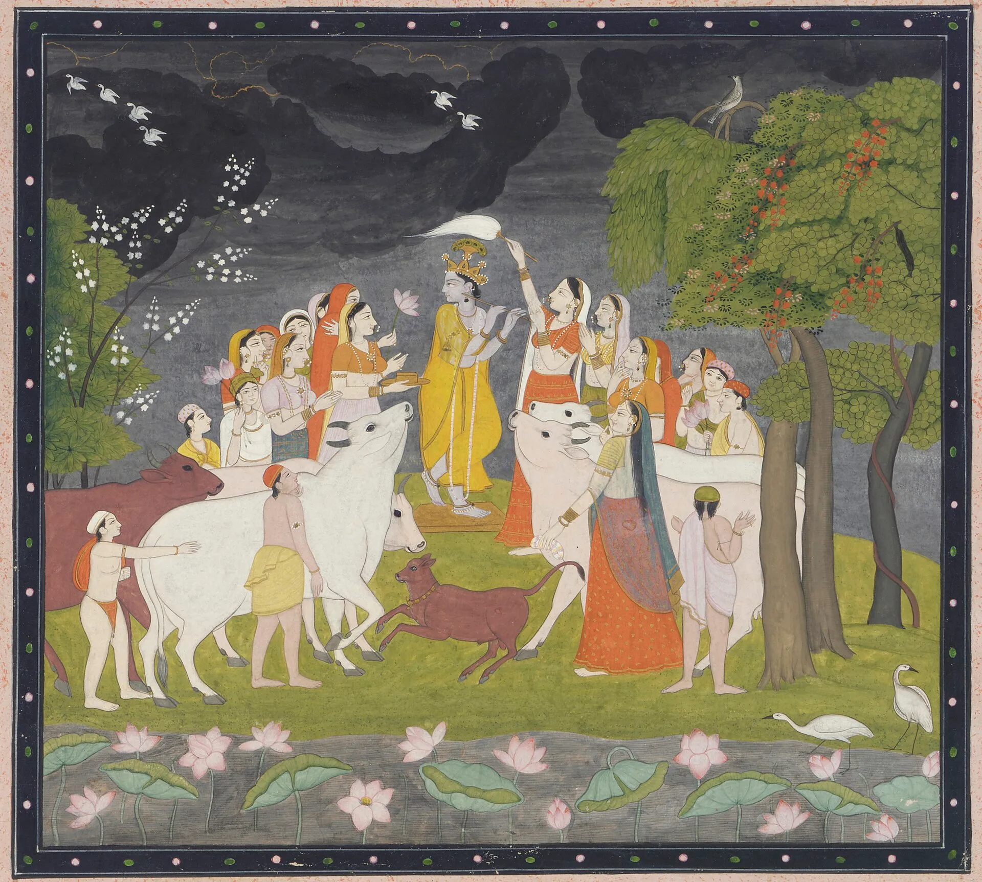 Traditional painting of Krishna with his flute, surrounded by gopis and cows