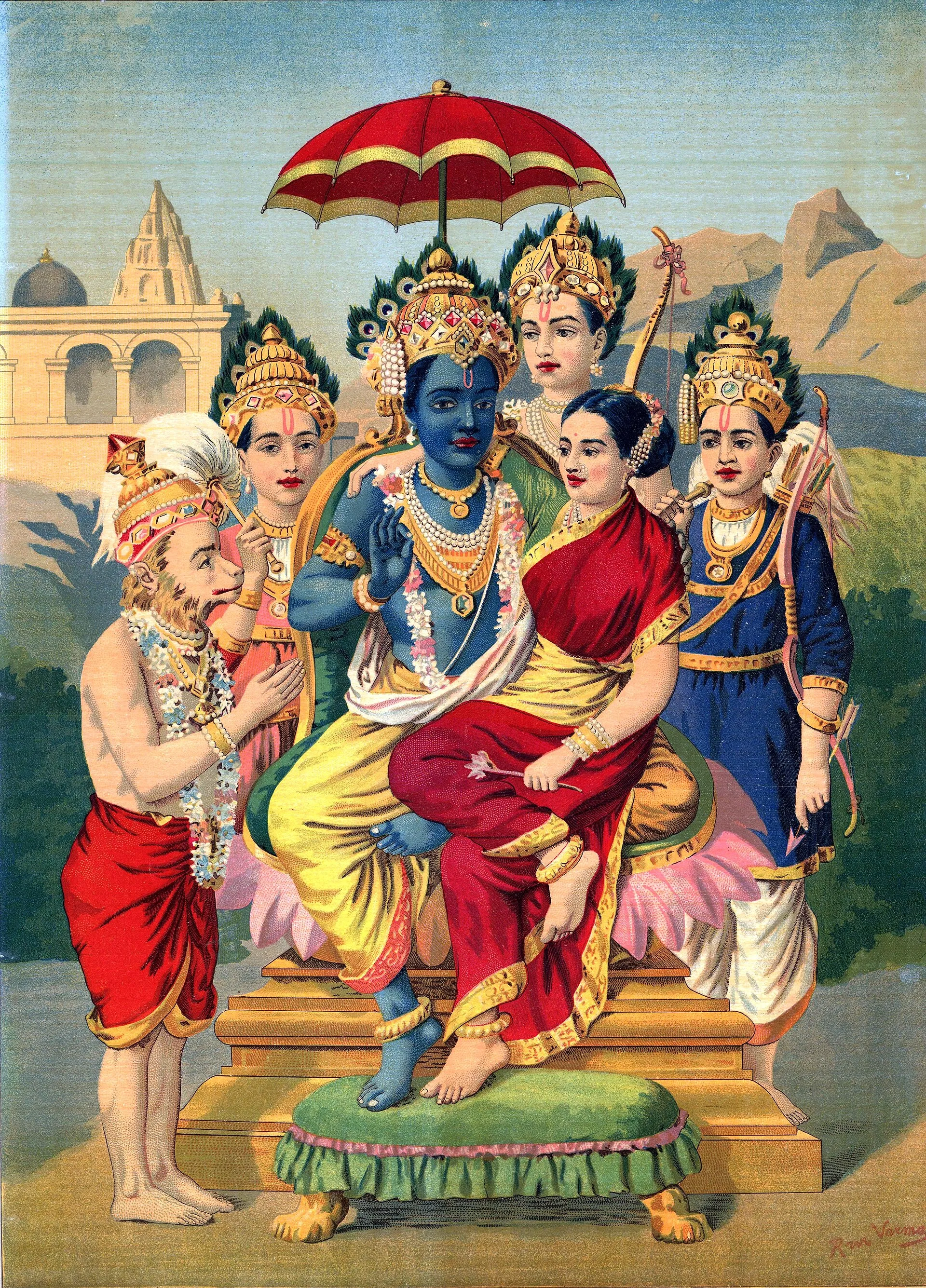 Raja Ravi Varma lithograph of Ram and Sita enthroned with his brothers and Hanuman