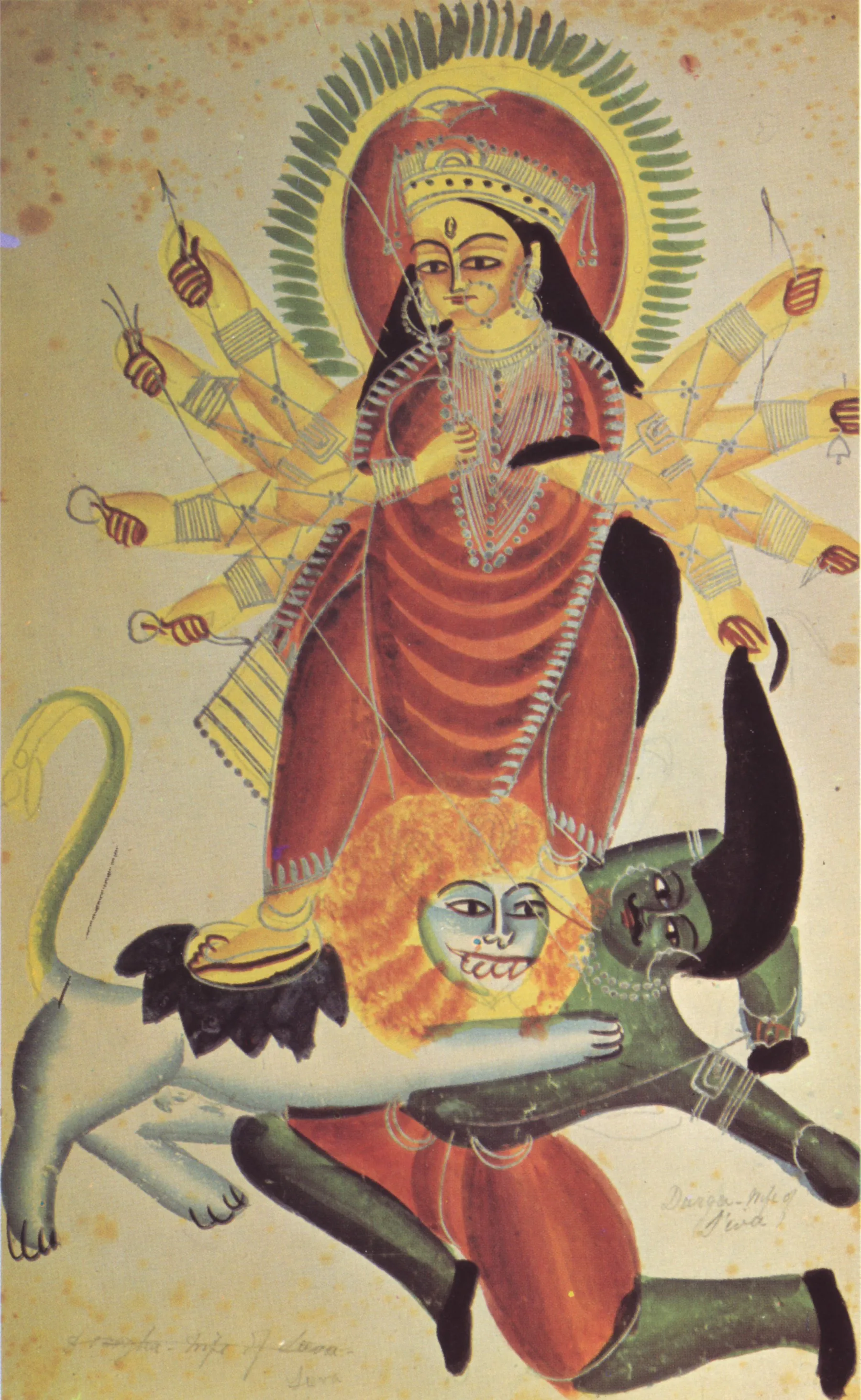 Kalighat painting of the ten-armed goddess Durga on her lion, defeating Mahishasura