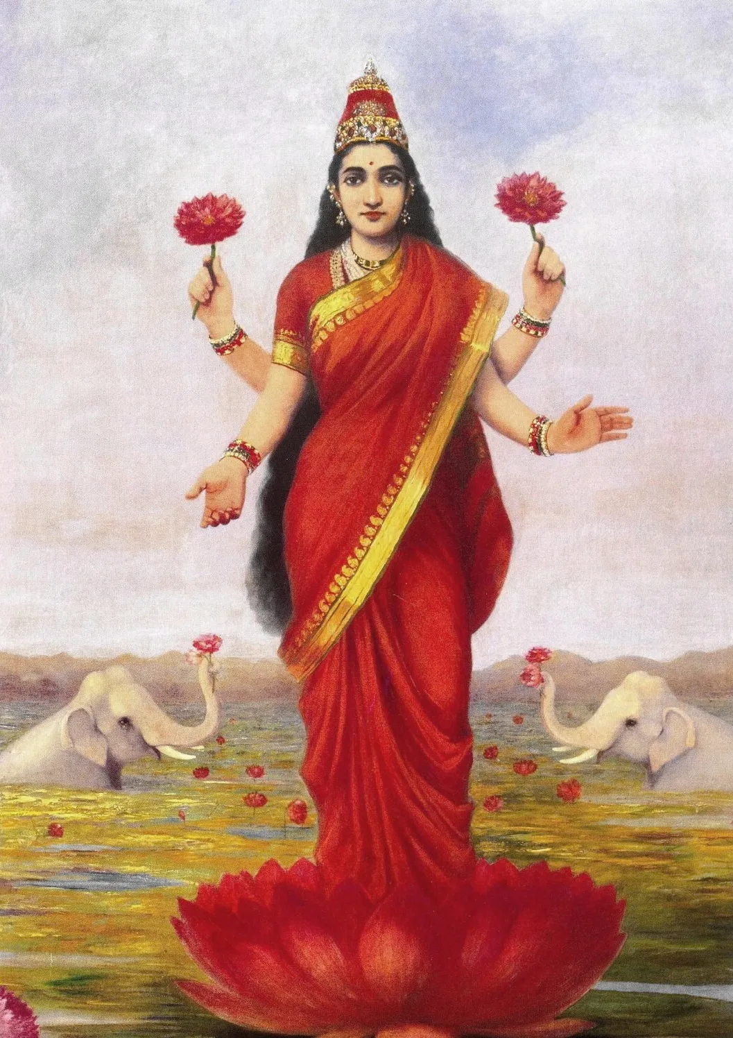 Raja Ravi Varma painting of the goddess Lakshmi standing on a lotus holding lotus flowers
