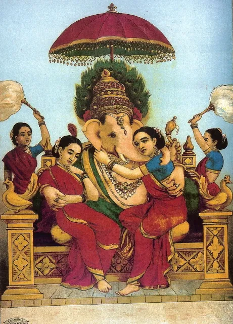 Traditional oleograph of the elephant-headed god Ganesh seated on a throne