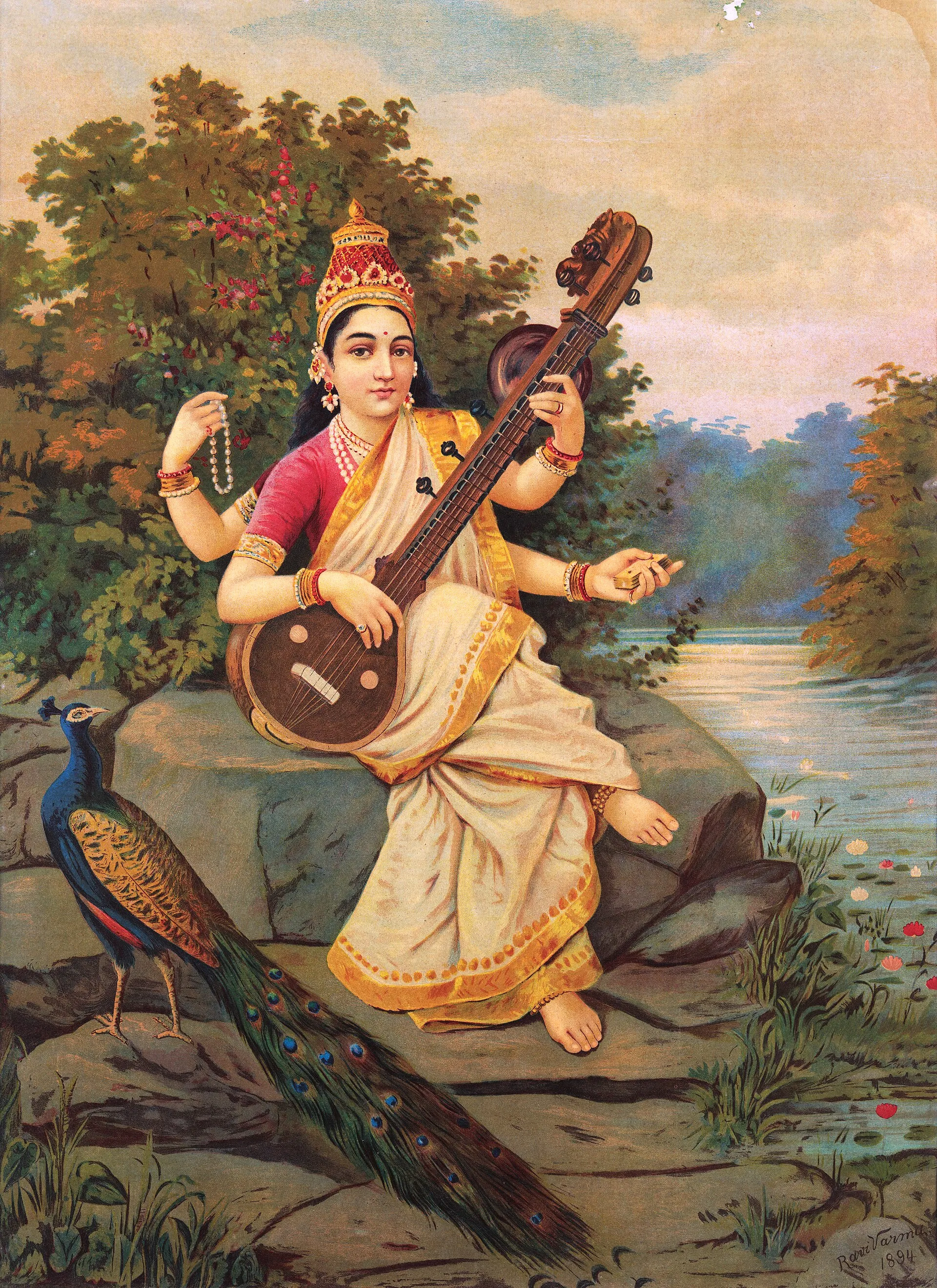 Raja Ravi Varma painting of the goddess Saraswati playing the veena