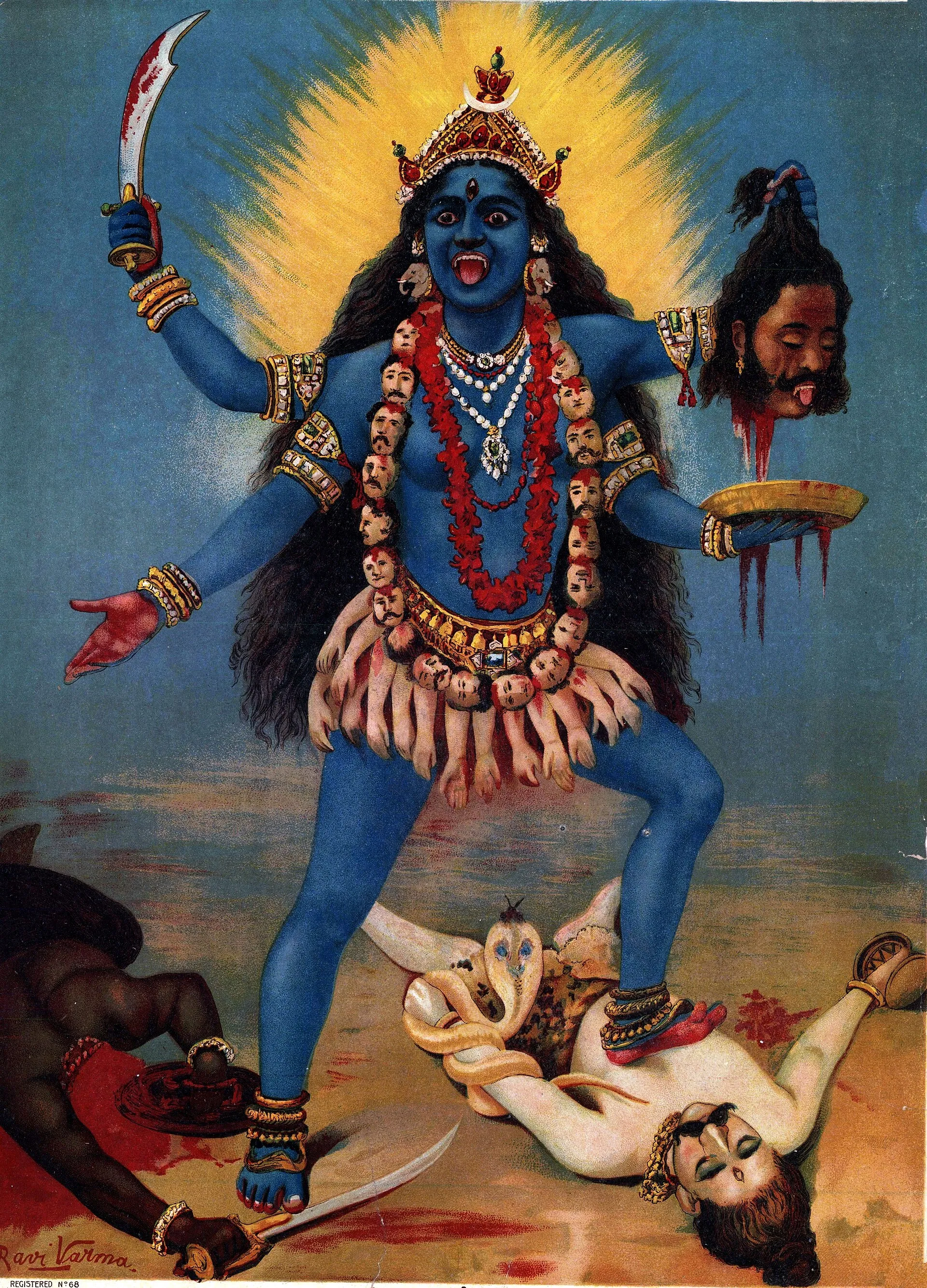 Traditional print of the dark goddess Kali with sword, garland of heads and outstretched tongue
