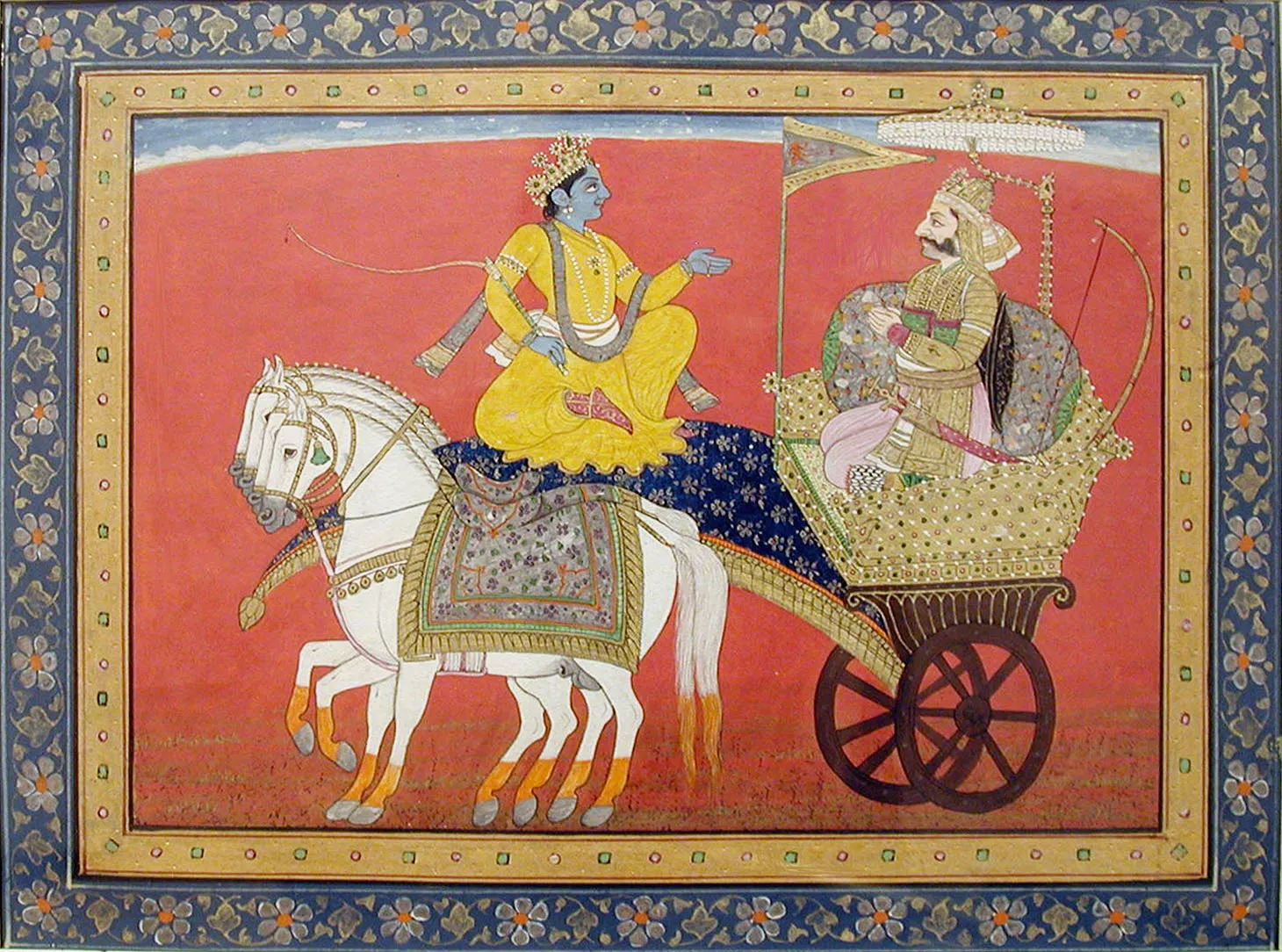 Traditional painting of blue Krishna driving a white-horsed chariot while teaching Arjuna