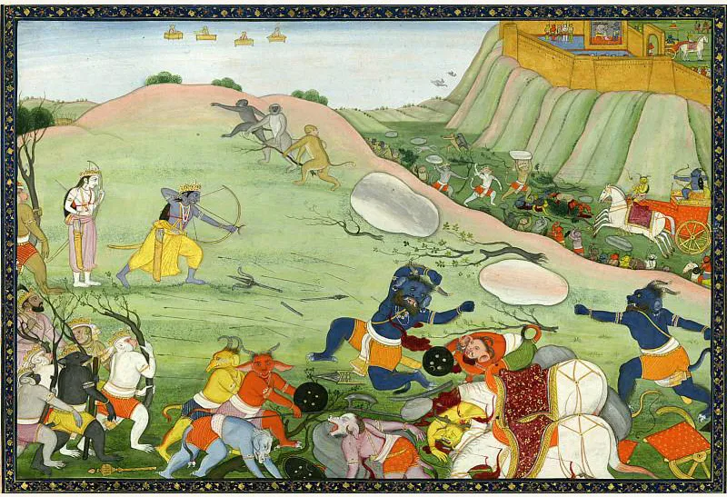 Manuscript painting of Ram with bow fighting demons and monkey warriors in battle