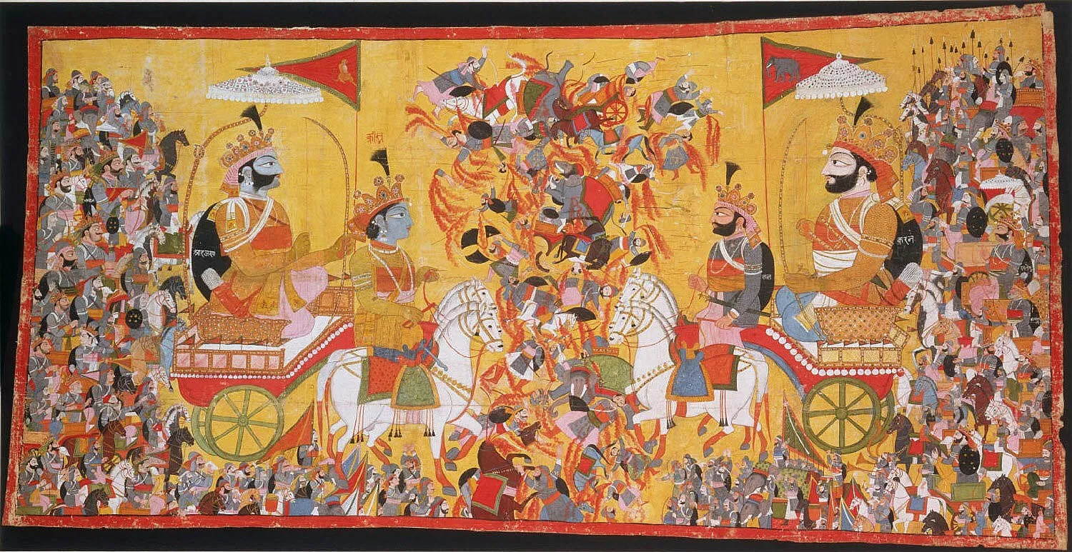 Traditional painting of two royal chariots facing each other across a crowded battlefield