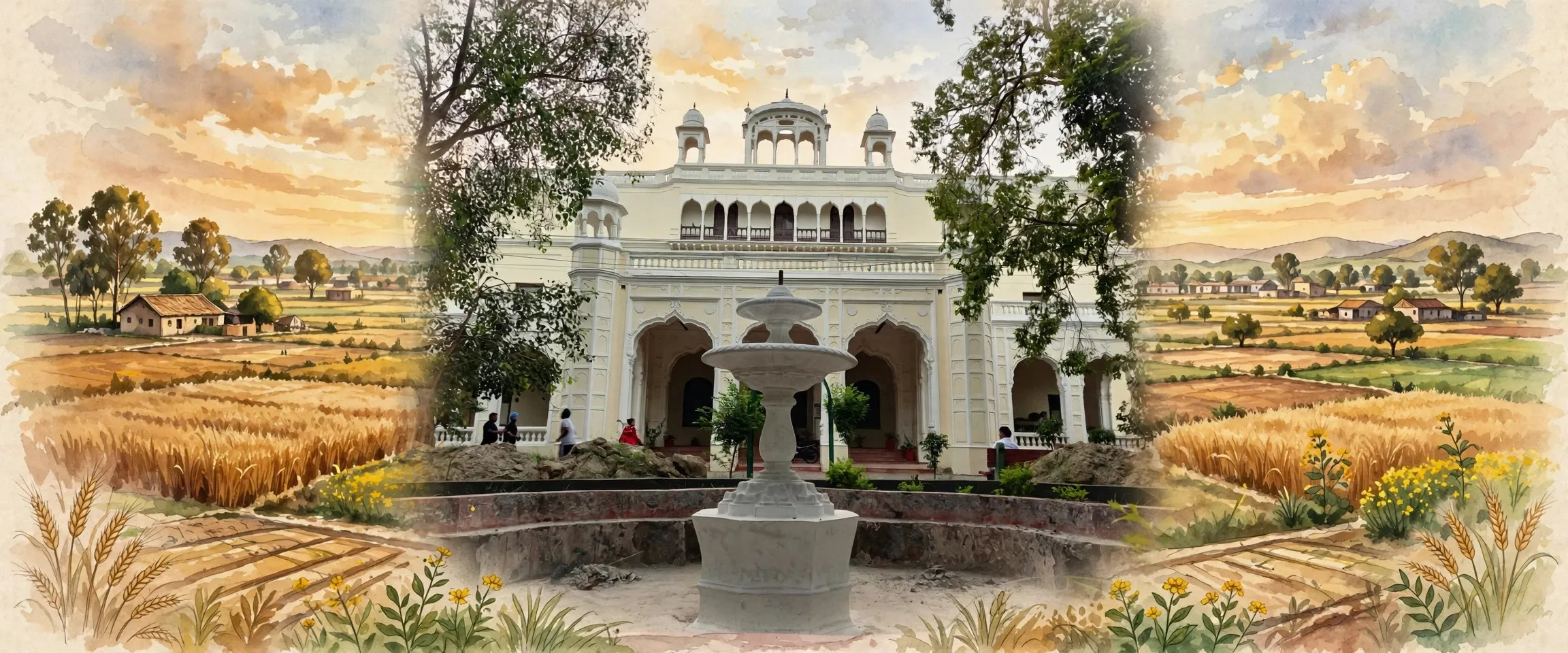 AI-generated editorial design for Jugti, incorporating original photograph of Banasar Bagh, Sangrur by Osheen477 (CC BY-SA 4.0)