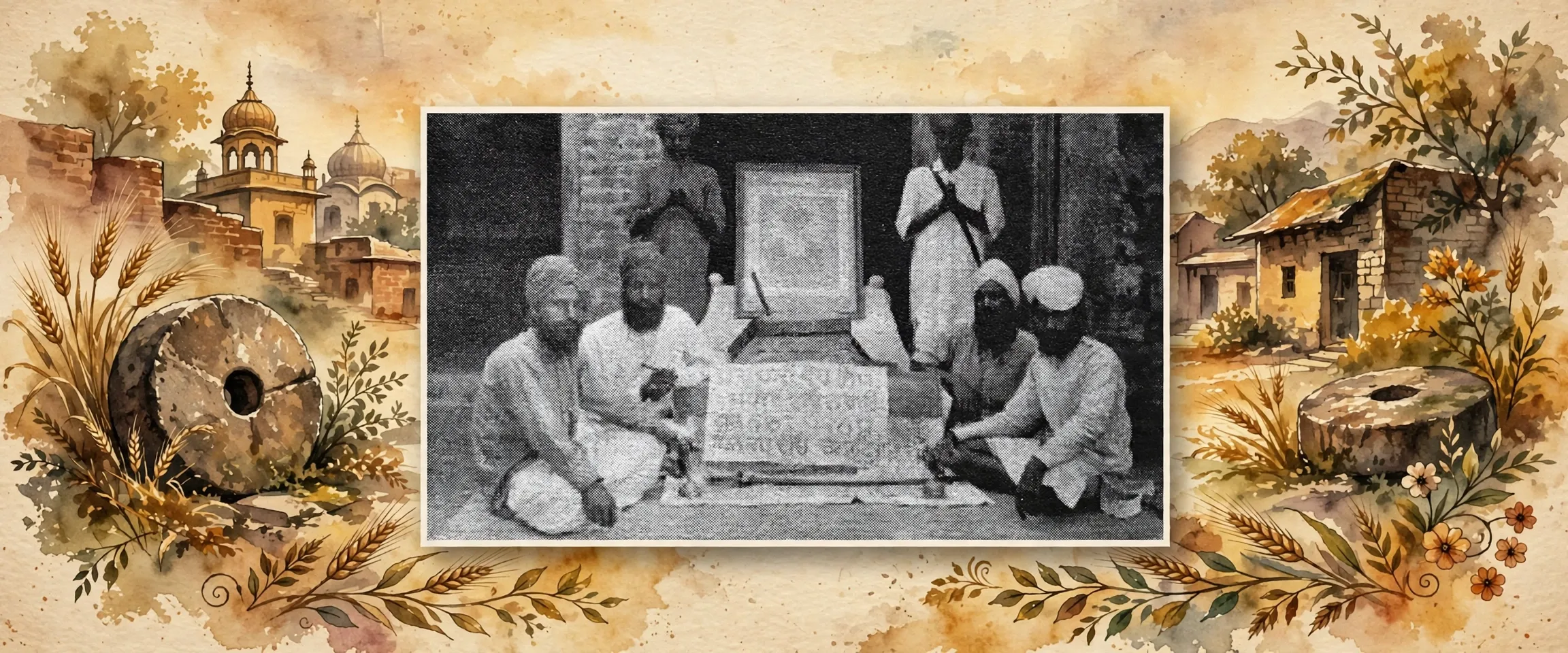 AI-generated editorial design for Jugti, incorporating original photograph of Guru Nanak's chakki relic at Gurdwara Chakki Sahib, Eminabad by Dhanna Singh Chahal 'Patialvi', 1932 (public domain)