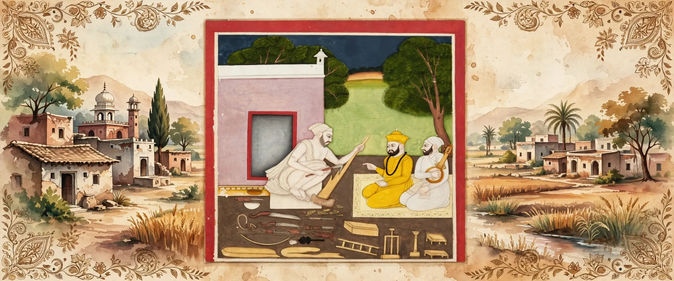 AI-generated editorial design for Jugti, incorporating original painting of Guru Nanak Dev Ji and Bhai Mardana visiting Bhai Lalo the carpenter, unknown artist (public domain)