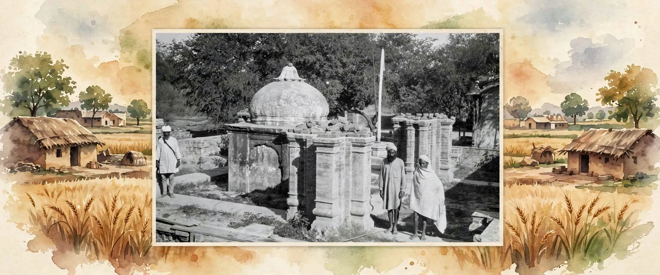 AI-generated editorial design for Jugti, incorporating original photograph of Gurdwara Khara Sahib, Mattu Bhaike by Dhanna Singh Chahal 'Patialvi', 1933 (public domain)