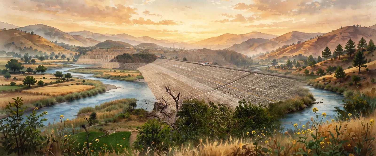 AI-generated editorial design for Jugti, incorporating original photograph of Ranjit Sagar Dam by Vikramaadityasumbria (CC BY-SA 3.0)