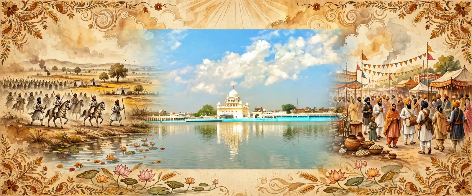 AI-generated editorial design for Jugti, incorporating original photograph of Gurdwara Tutti Gandhi Sahib (Darbar Sahib), Sri Muktsar Sahib by WikiUser (CC BY-SA 4.0)