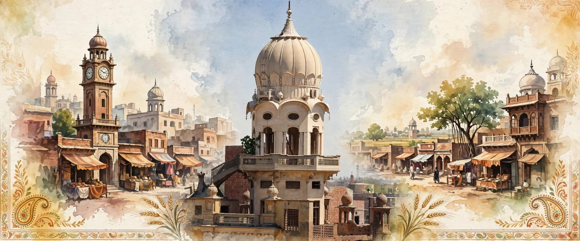 AI-generated editorial design for Jugti, incorporating original photograph of Gurdwara Singh Sabha, Faisalabad by Asif Iftikhar (CC BY-SA 1.0)