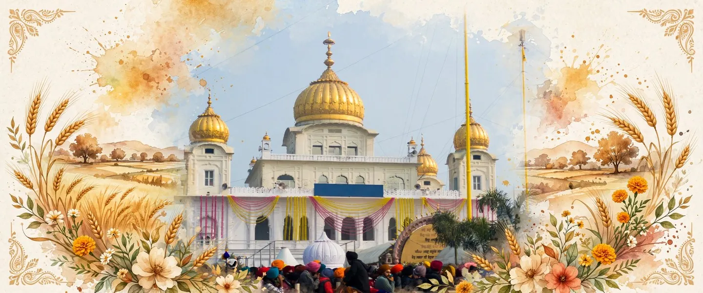 AI-generated editorial design for Jugti, incorporating original photograph of Gurdwara Fatehgarh Sahib by Kuldeepburjbhalaike (CC BY-SA 4.0)