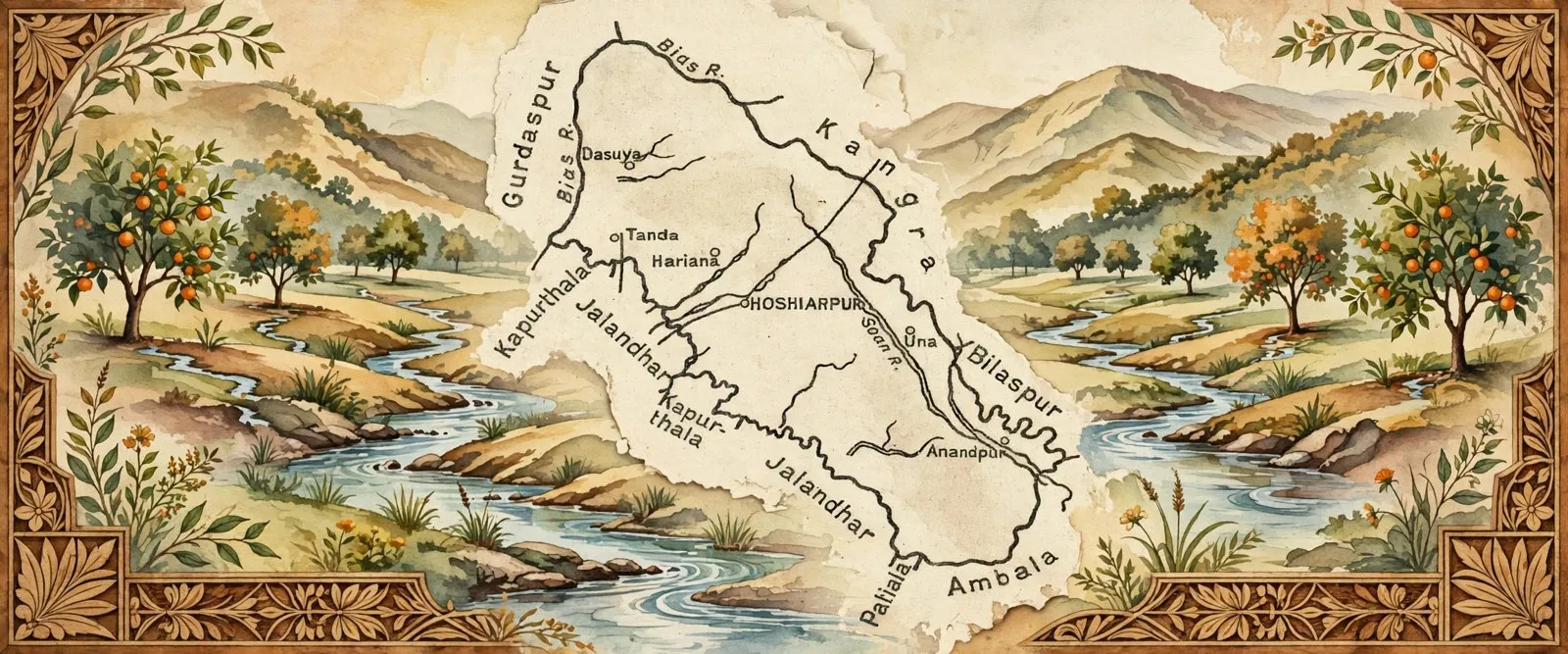 AI-generated editorial design for Jugti, incorporating original 1916 map of Hoshiarpur district from The Panjab, North-West Frontier Province and Kashmir by Sir James McCrone Douie (public domain)