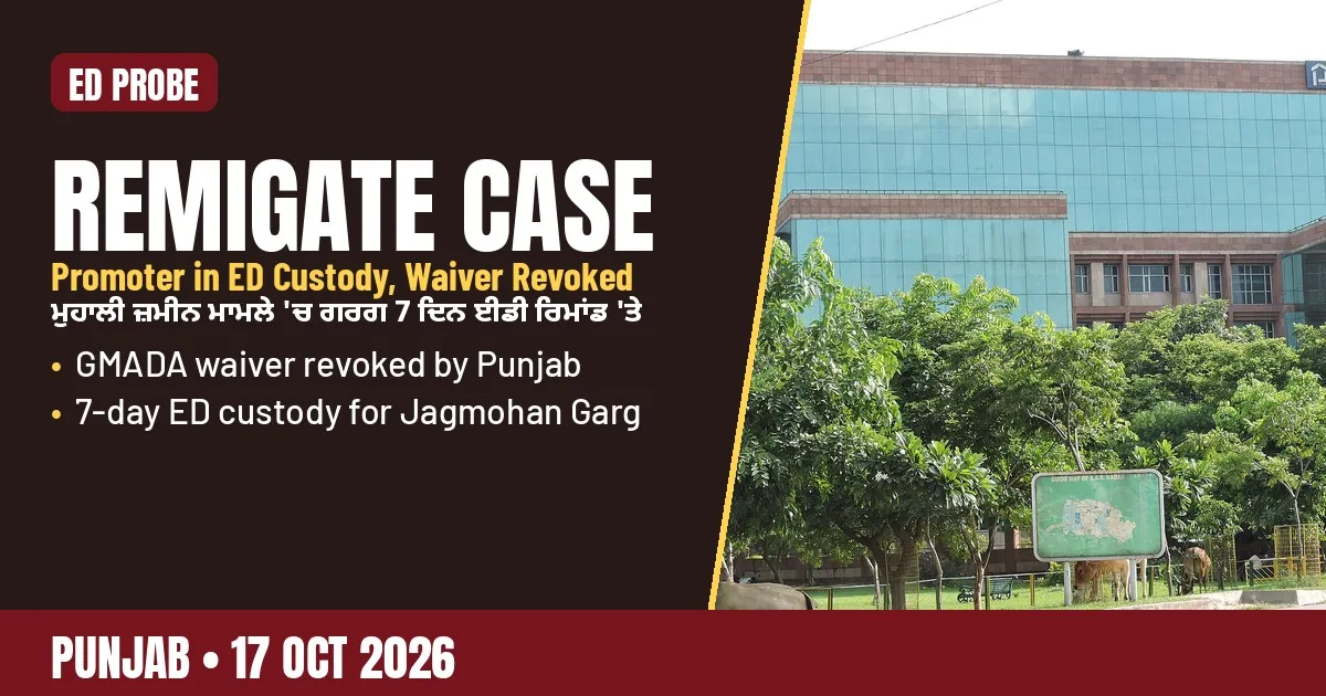 AI-generated editorial design for Jugti, incorporating a photograph of PUDA Bhawan, Mohali