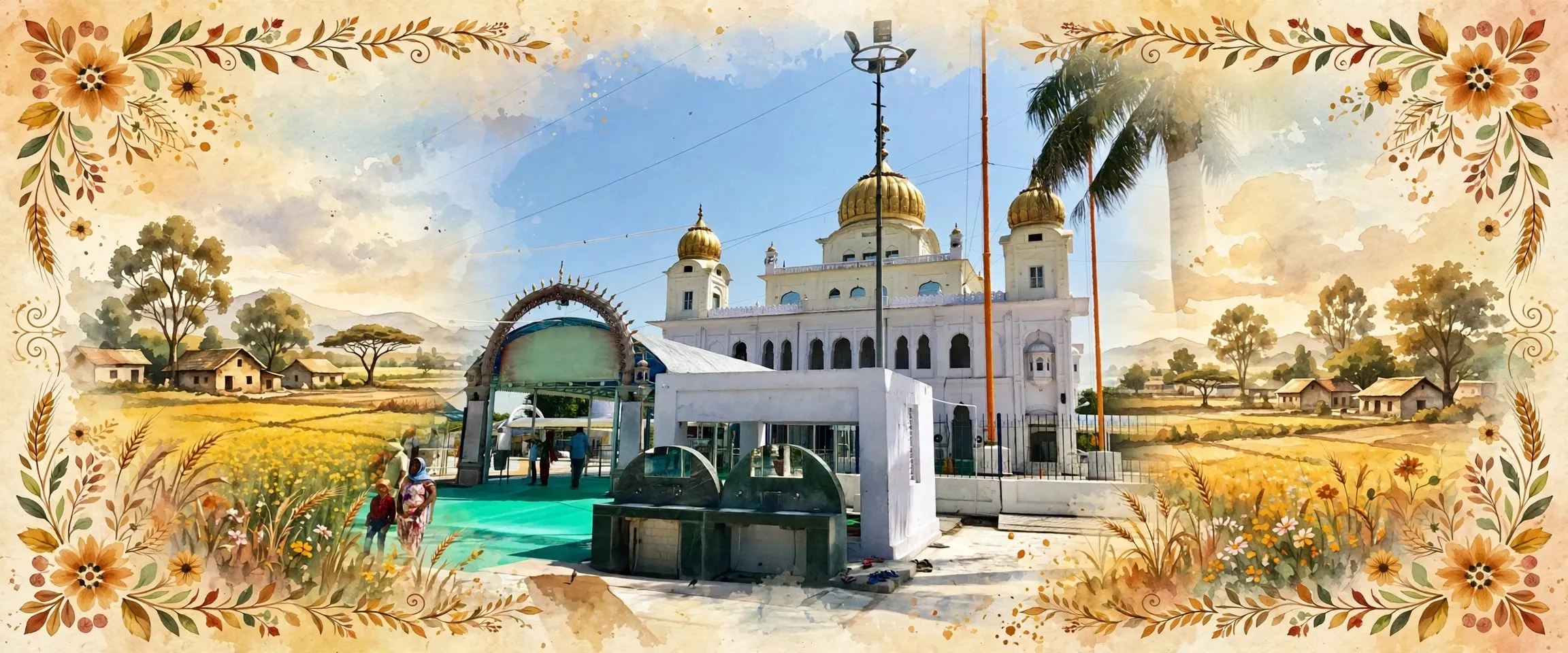 AI-generated editorial design for Jugti, incorporating original photograph of Gurdwara Fatehgarh Sahib by Ms Sarah Welch (CC BY-SA 4.0)