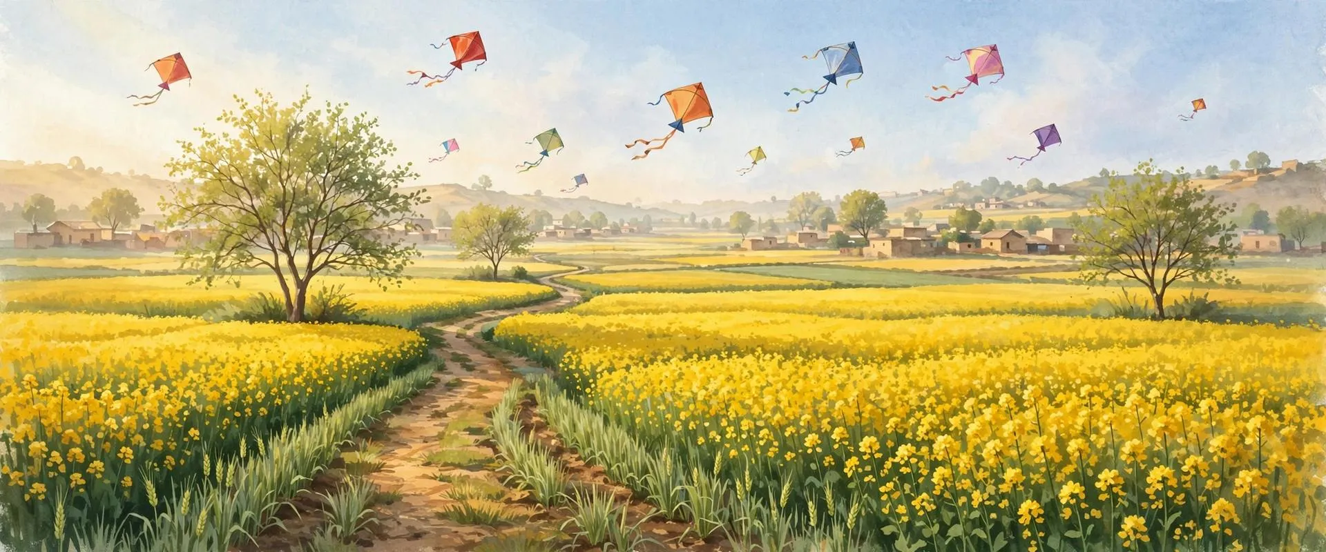 Painterly illustration of yellow mustard fields in bloom under a blue sky with colourful kites, a Punjab village in spring