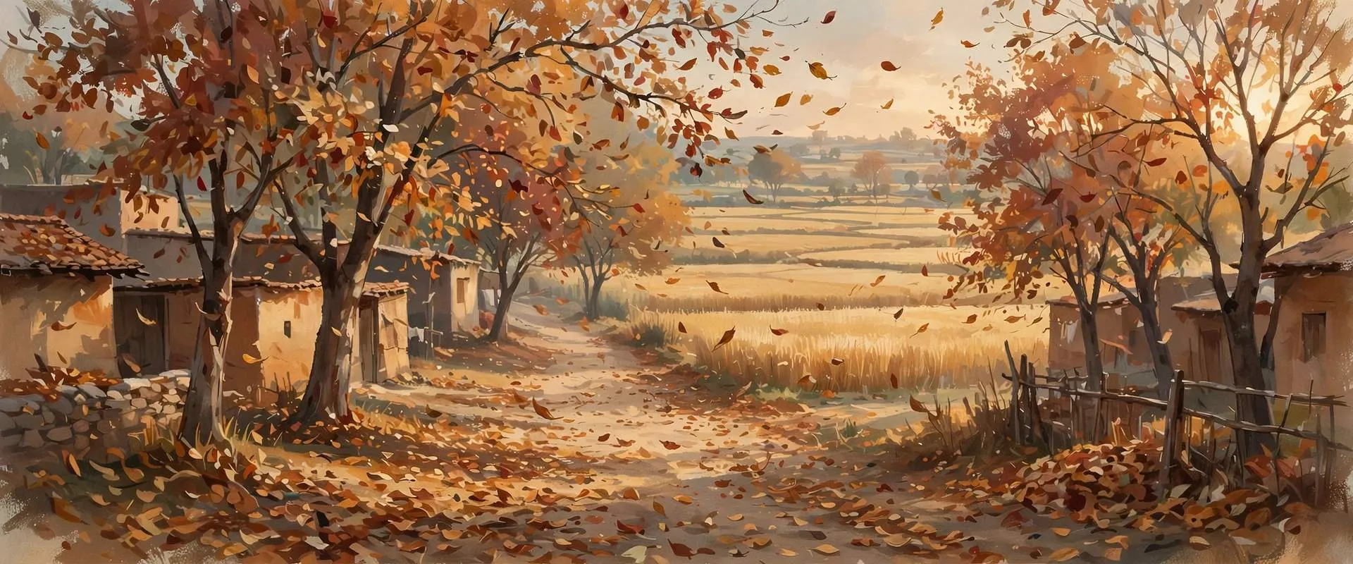 Painterly illustration of amber leaves falling from trees over a Punjab village lane, harvested fields beyond