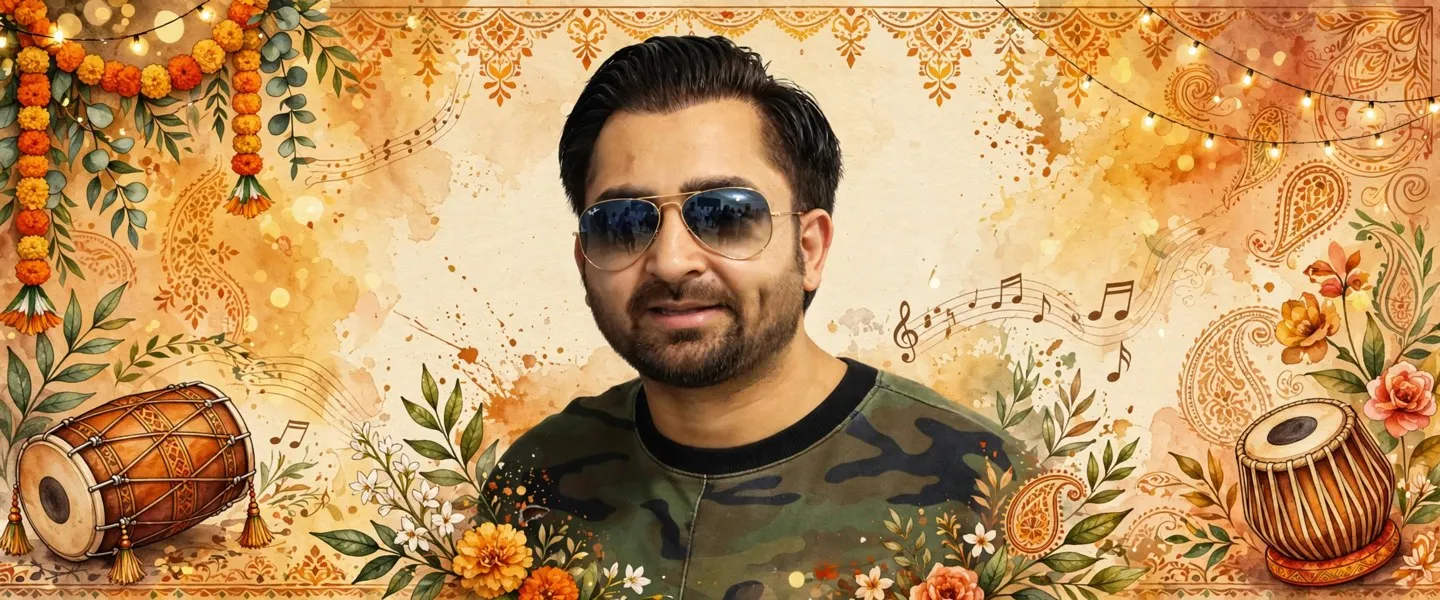AI-generated editorial design for Jugti, incorporating original photograph of Sharry Mann by Andrew Scheer (CC0 1.0)