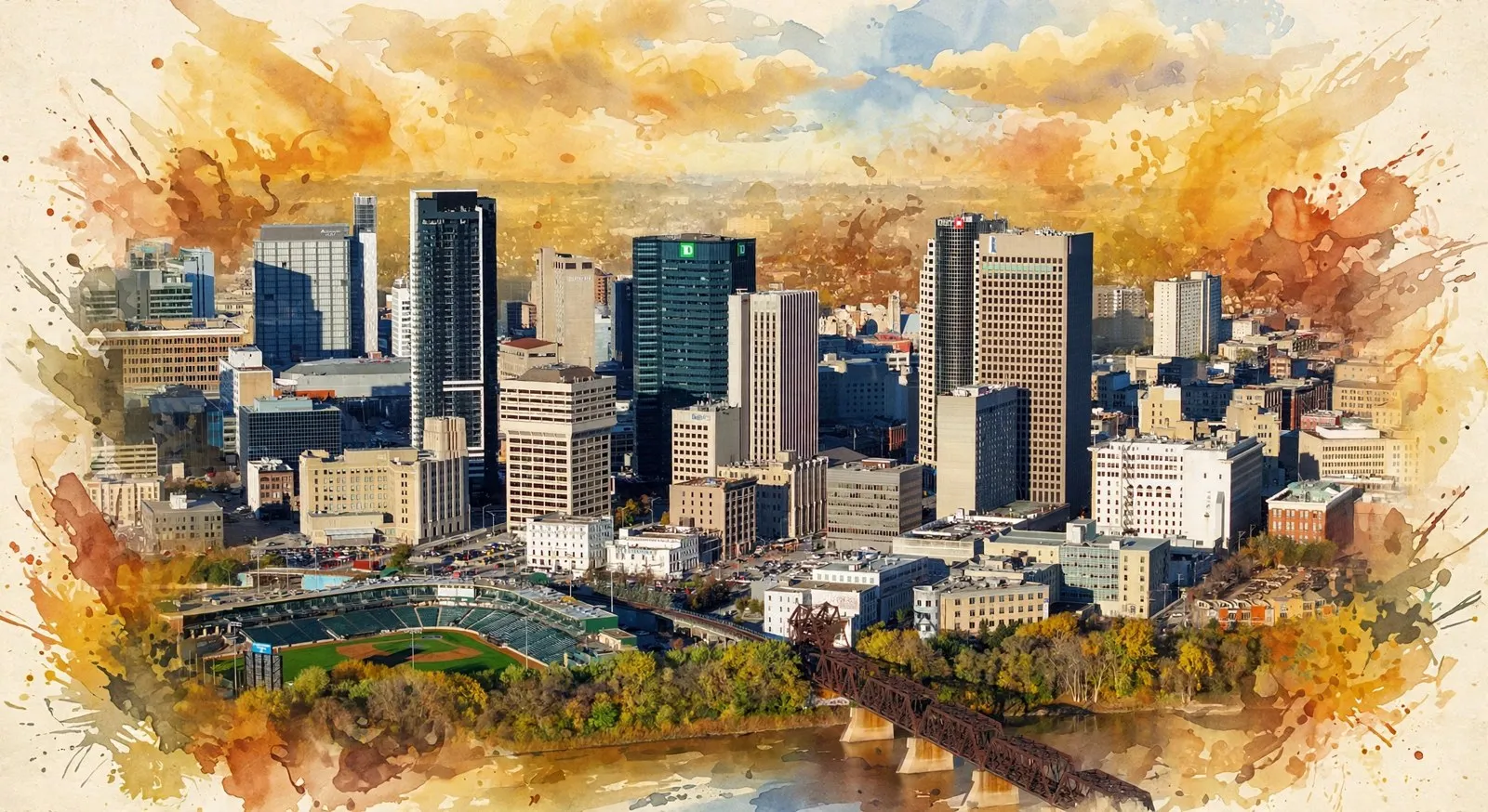 Downtown Winnipeg skyline and the Red River, Manitoba