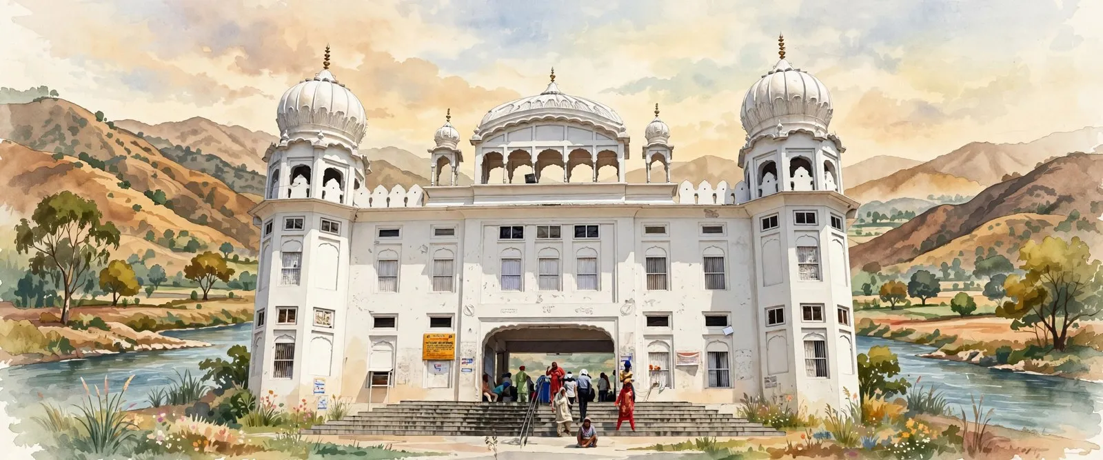 AI-generated editorial design for Jugti, incorporating original photograph of Takht Sri Kesgarh Sahib, Anandpur Sahib by Gurlal Maan (CC BY-SA 4.0)