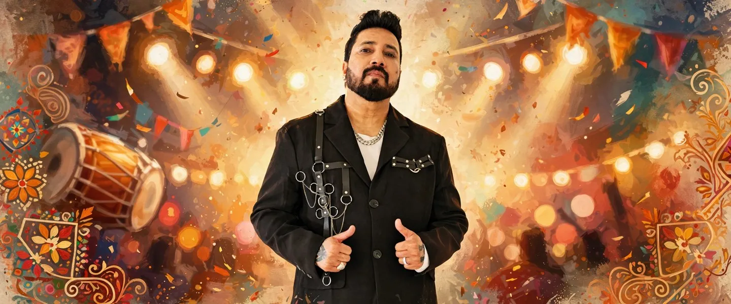 AI-generated editorial design for Jugti, incorporating original photograph of Mika Singh by Amrrik Singh (CC0)