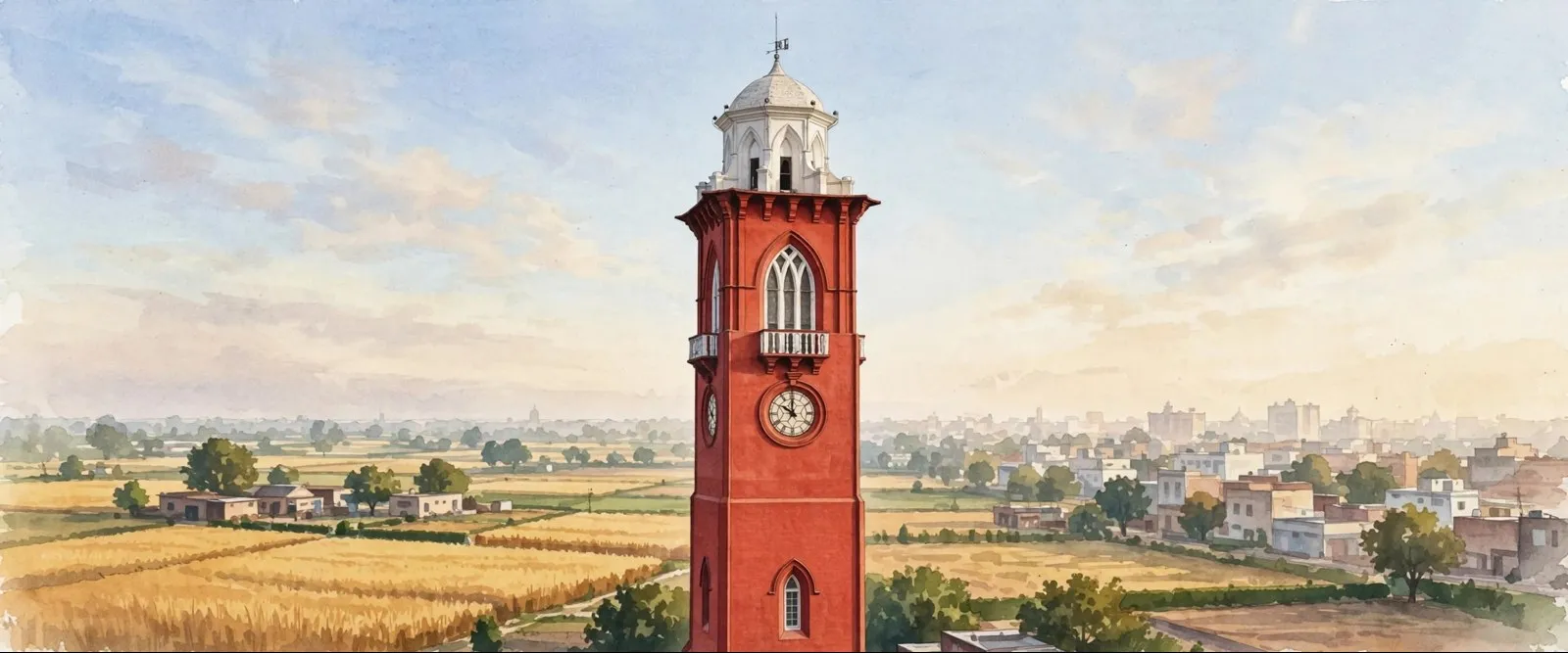 AI-generated editorial design for Jugti, incorporating original photograph of Clock Tower (Ghanta Ghar), Ludhiana by Chabhuser (CC BY-SA 4.0)