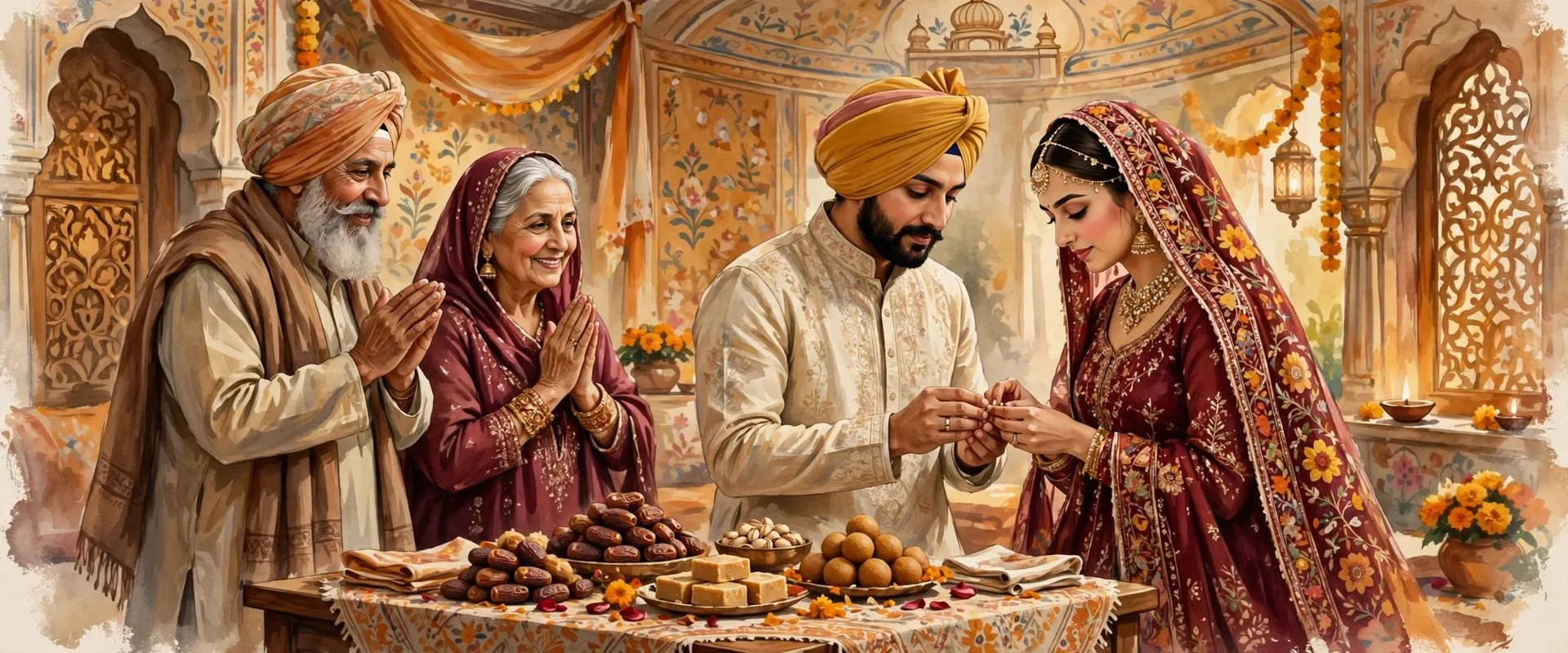 Painterly illustration of a Punjabi kurmai engagement, a couple exchanging rings as elders bless them, dried dates and sweets on a cloth before them