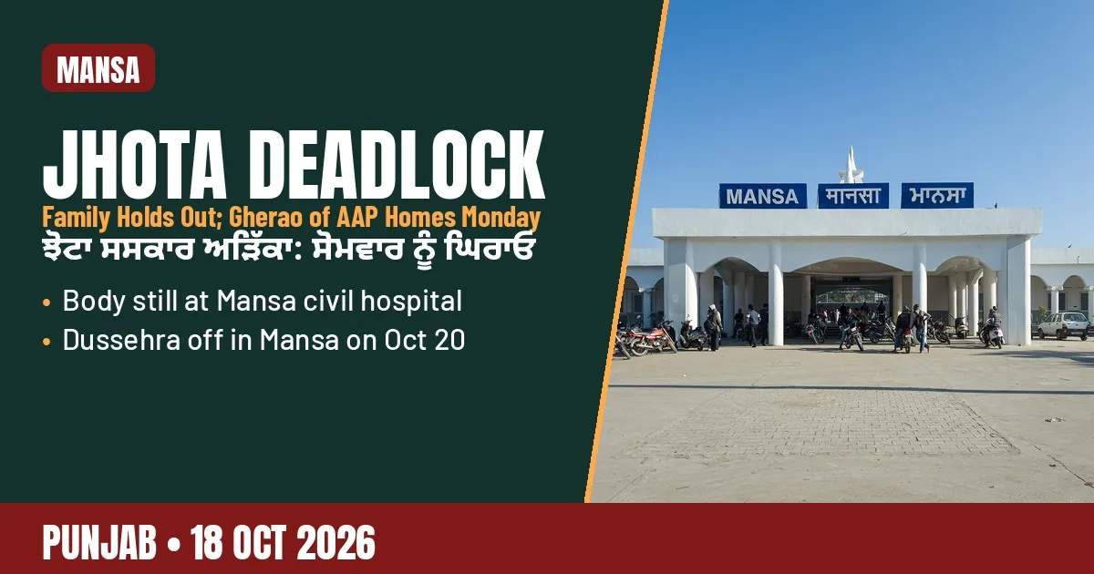 Breaking-news poster: Jhota cremation deadlock in Mansa