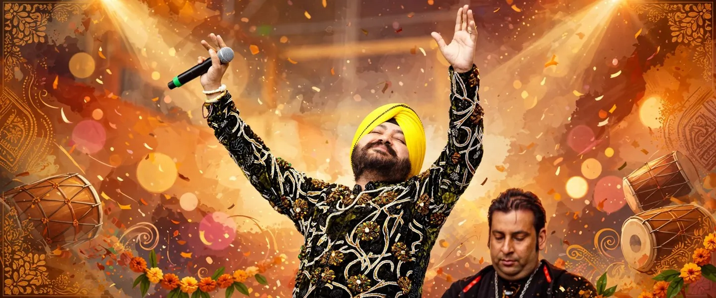 AI-generated editorial design for Jugti, incorporating original photograph of Daler Mehndi by Phronesisindia (CC BY-SA 4.0)
