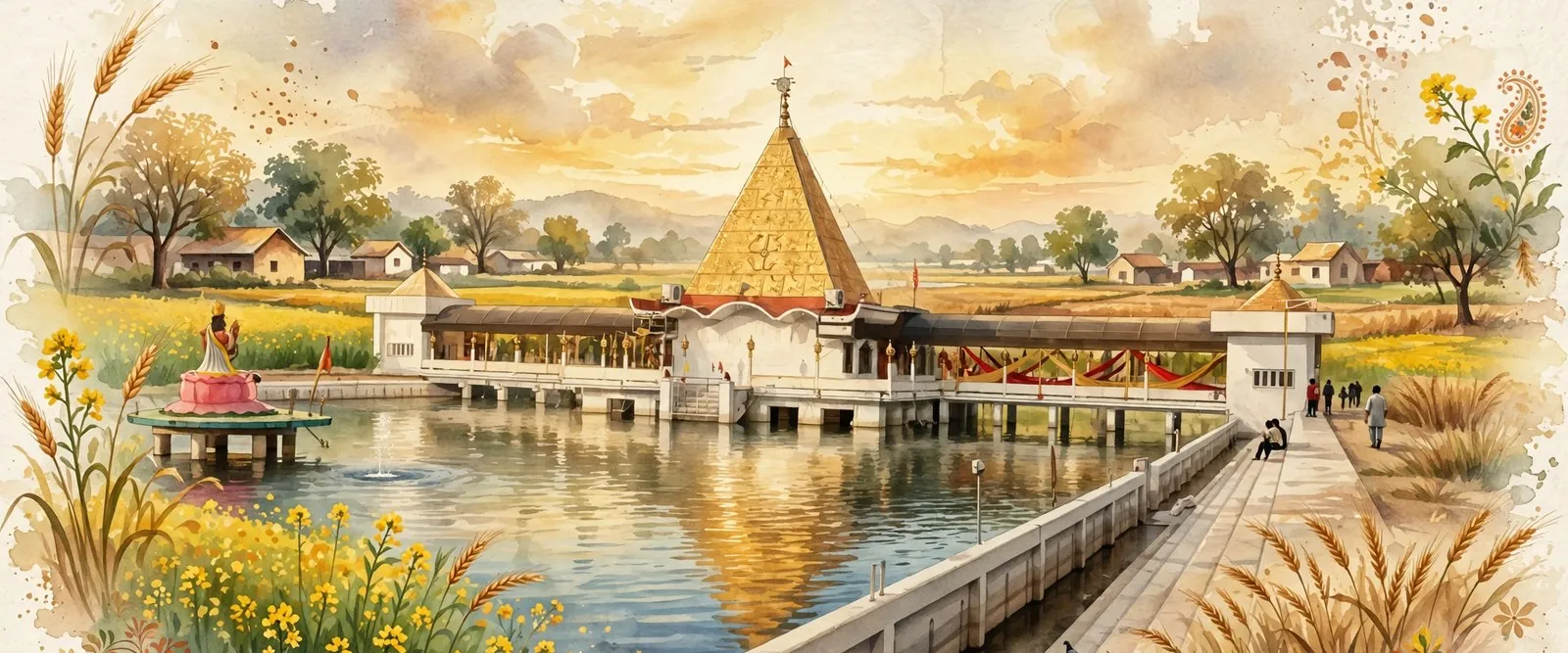 AI-generated editorial design for Jugti, incorporating original photograph of Devi Talab Mandir, Jalandhar by Shivamsetu (CC BY-SA 4.0)