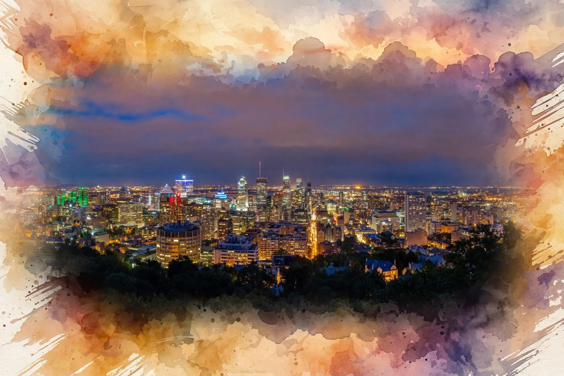 Montreal skyline at dusk seen from Mount Royal, Quebec